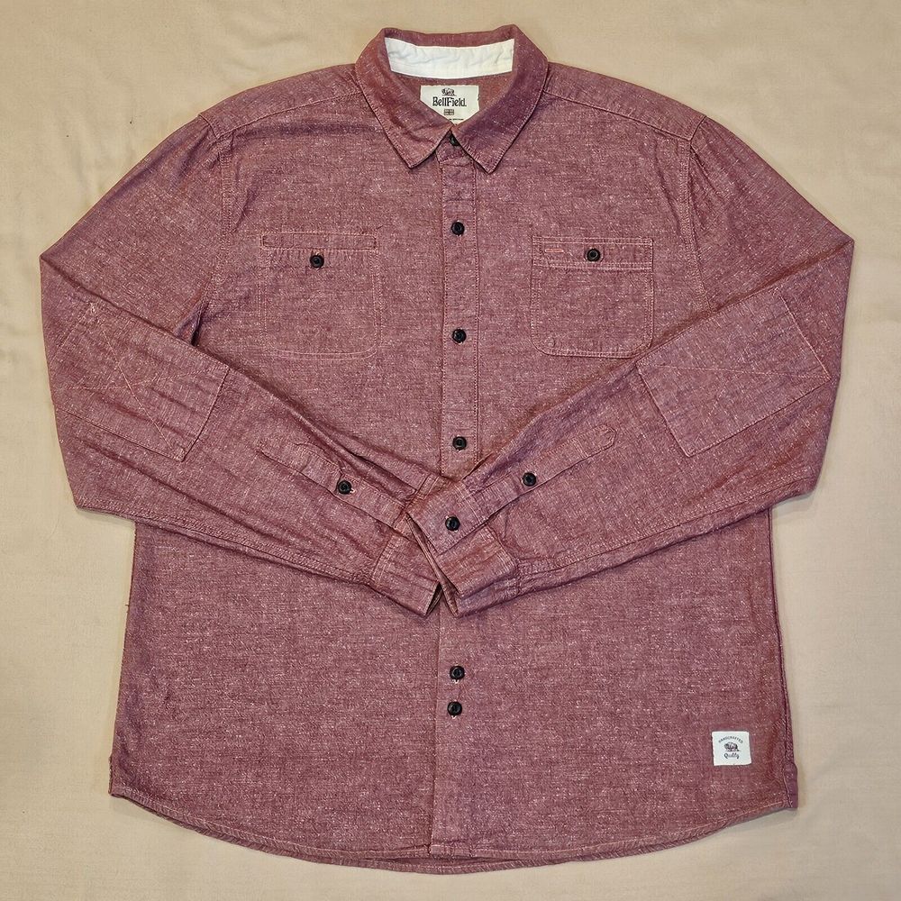 BELLFIELD Shirt British Outerwear Long Sleeve‎ Button Up Cotton Red Mens Large
